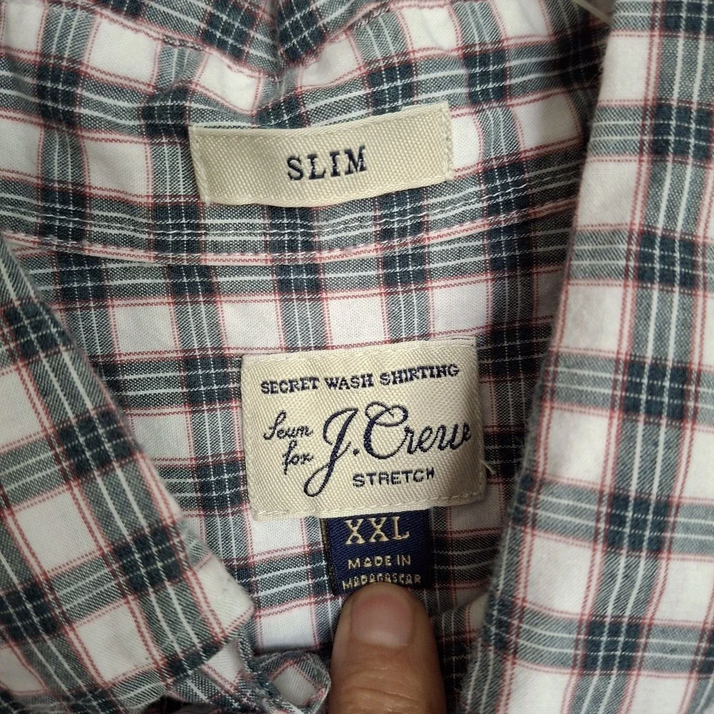 J Crew 2XL Shirt Slim Fit Button Down Gray Red Plaid Stretch Cotton Blend Casual